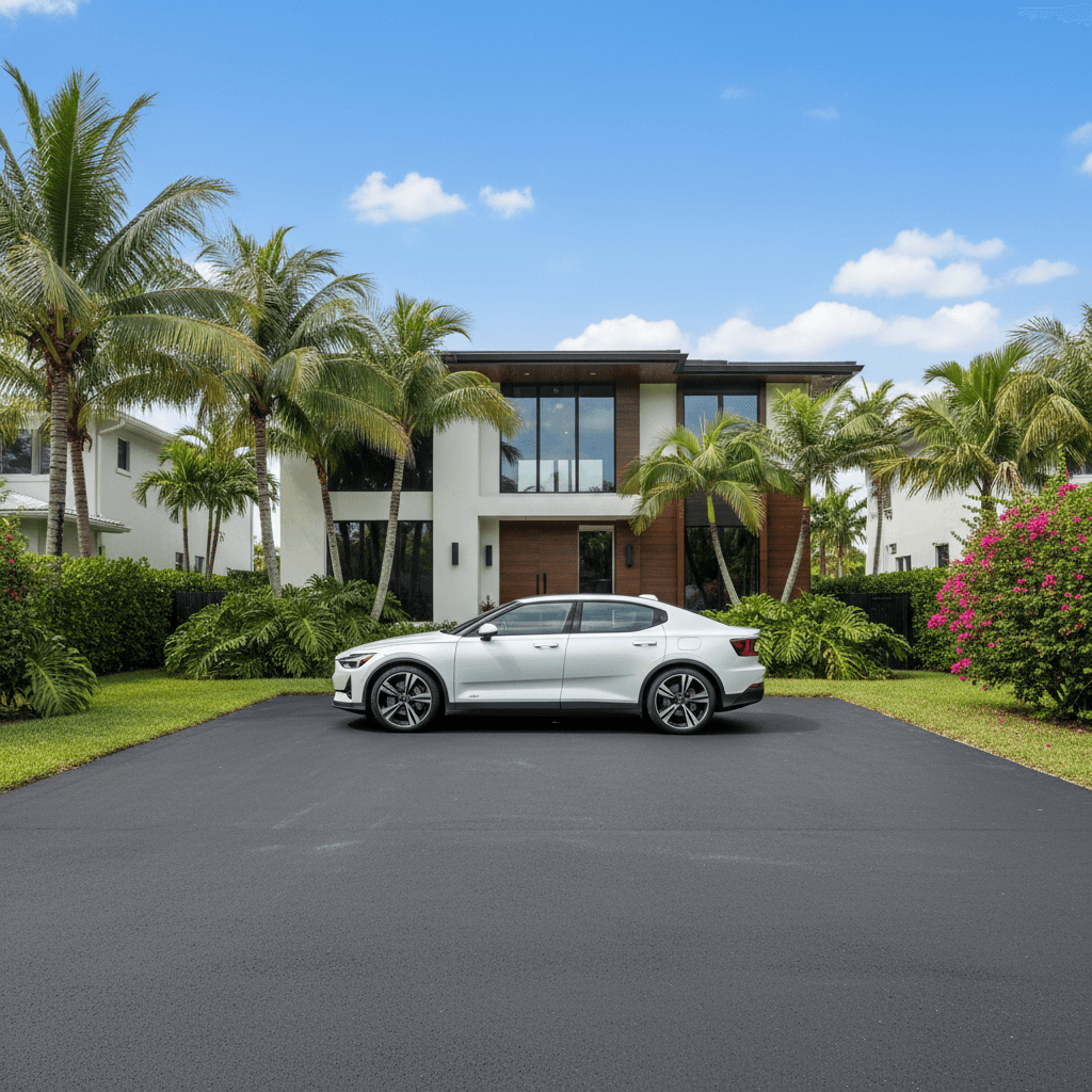 Modern driveway with parked car, suburban Miami home in bright daylight