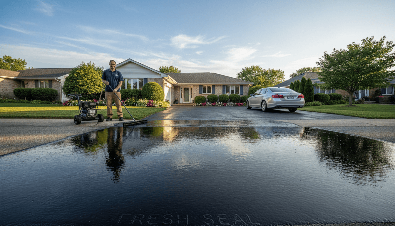 Freshly sealed residential driveway with glossy black finish, suburban home, manicured landscaping, bright natural daylight