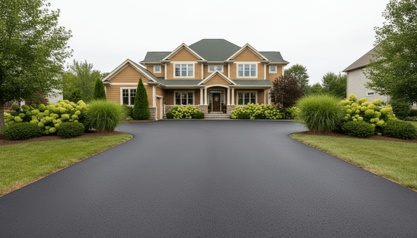 Completed residential driveway with smooth finished surface extending toward home with manicured landscaping
