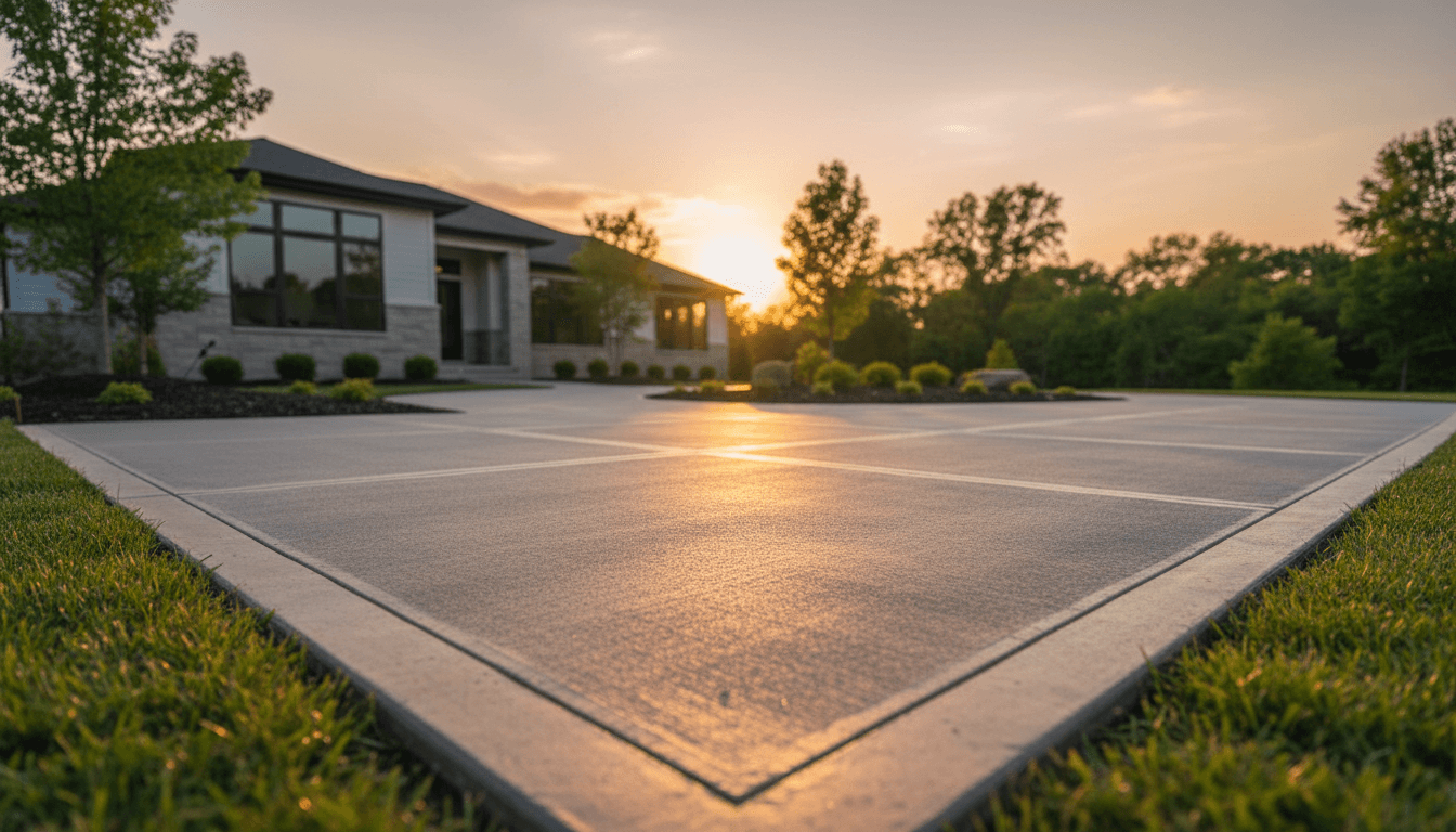 Freshly finished concrete driveway stretching across residential property in warm golden hour light