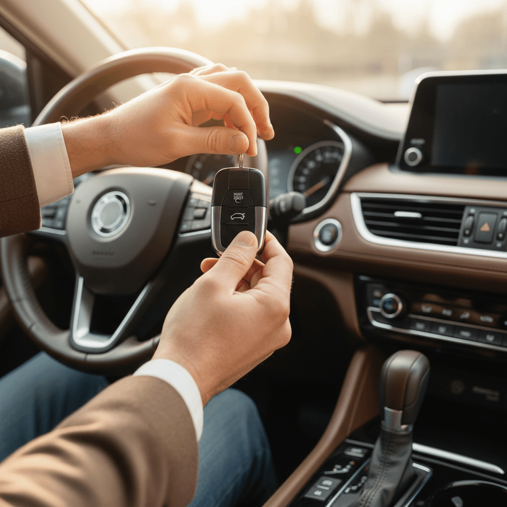 Close-up of customer hands holding vehicle key fob inside pre-owned sedan interior with dashboard visible